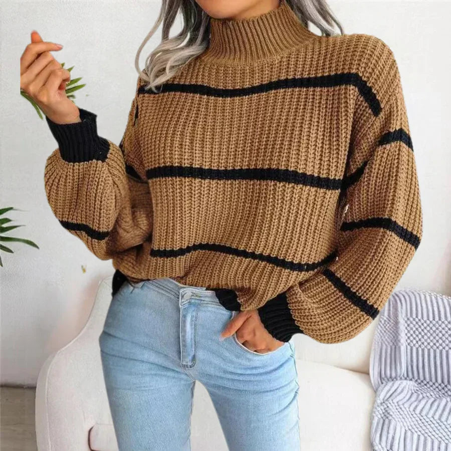 Women’s Striped Jumper with High Neck and Long Sleeves
