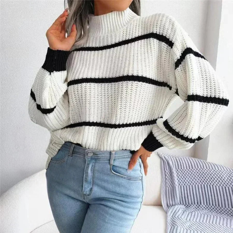 Women’s Striped Jumper with High Neck and Long Sleeves
