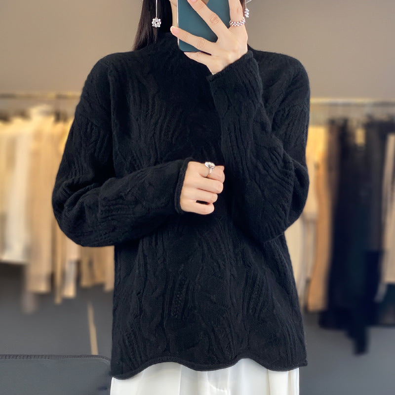 Women’s Sweater With Loose Fit And Open-Knit Mock Neck