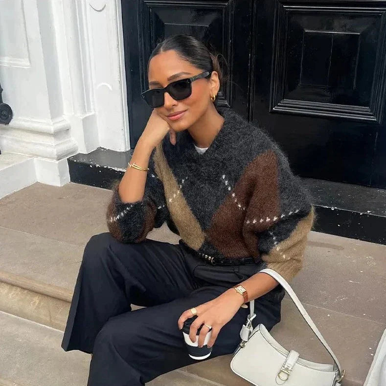 Women’s Sweater with Argyle Pattern and Textured Knit Surface