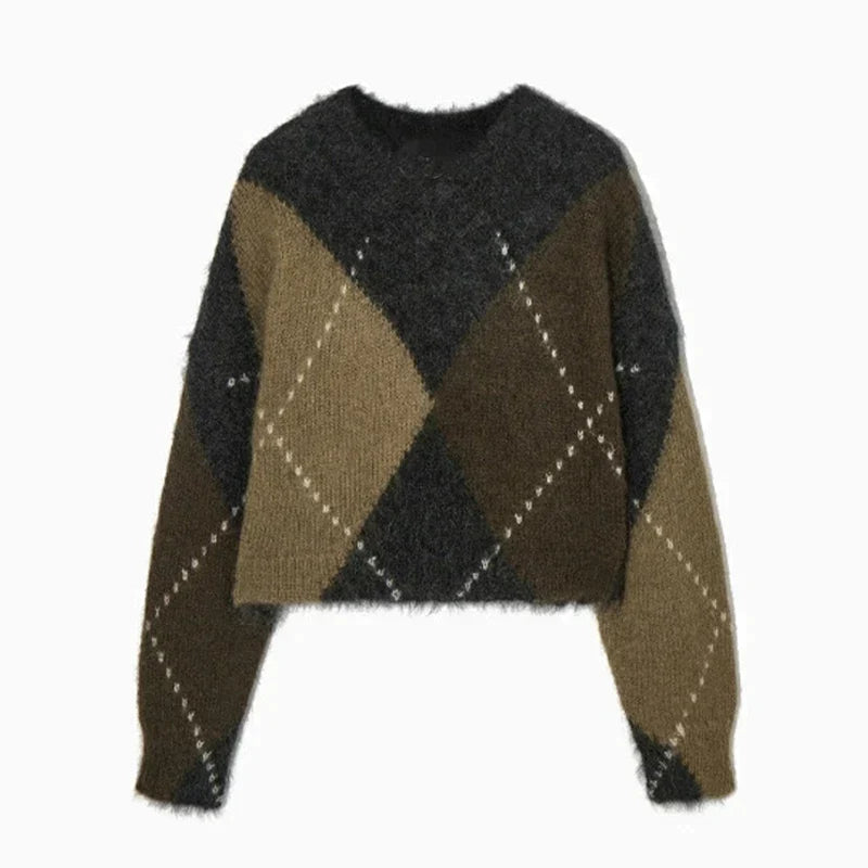 Women’s Sweater with Argyle Pattern and Textured Knit Surface