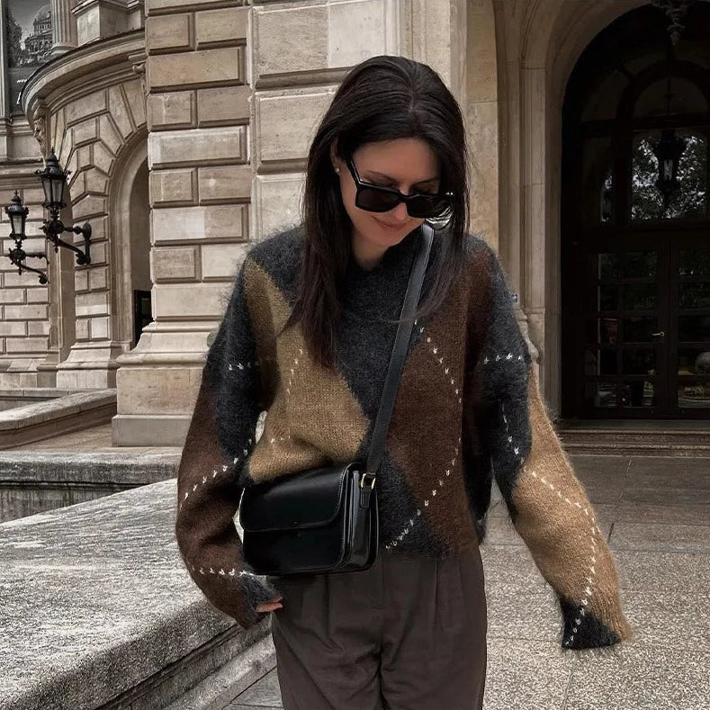 Women’s Sweater with Argyle Pattern and Textured Knit Surface