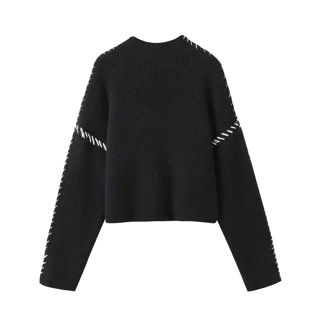 Women’s Sweater with Contrast Stitch Detail and Cropped Shape