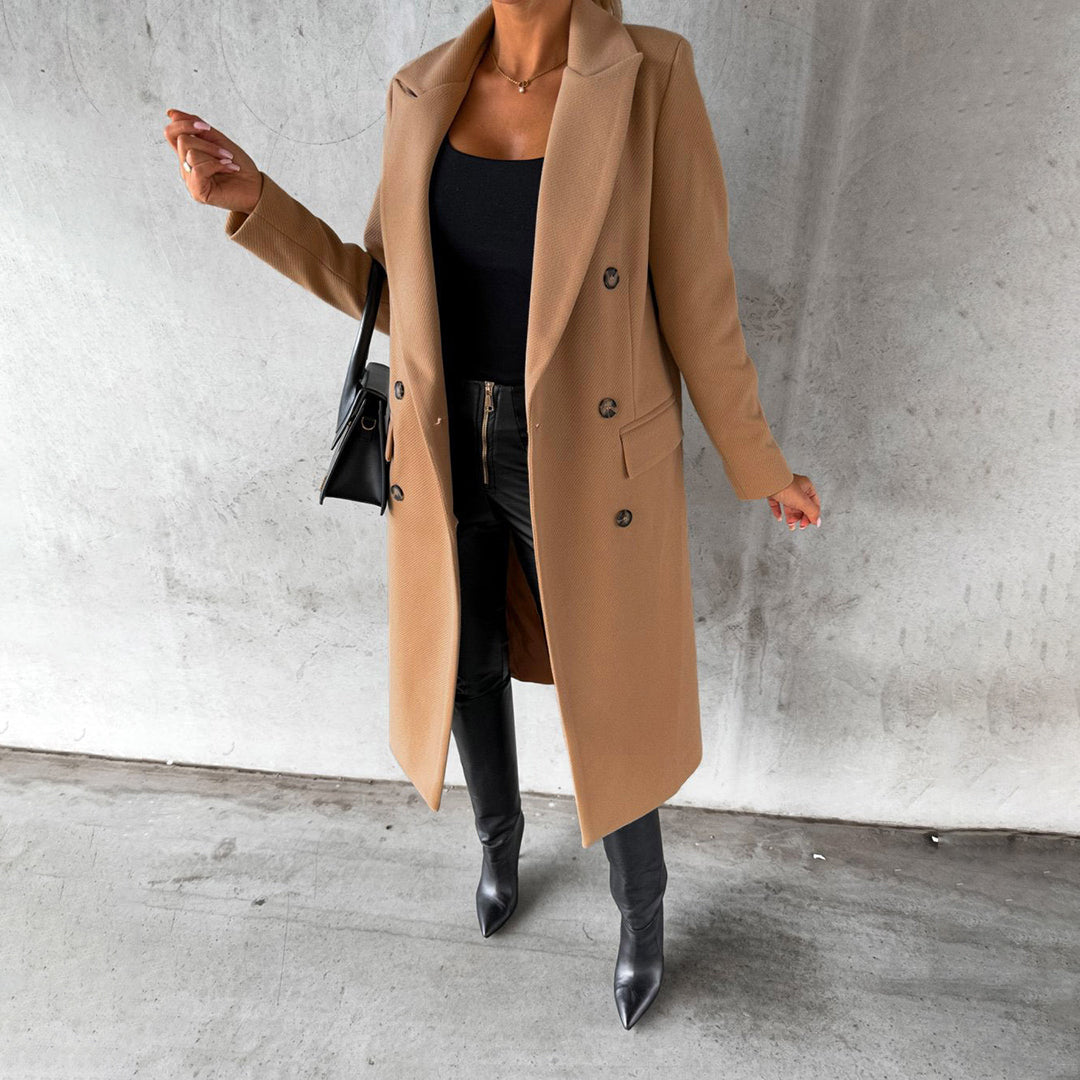 Women’s Two-Row Button Long Coat with Lapel Collar
