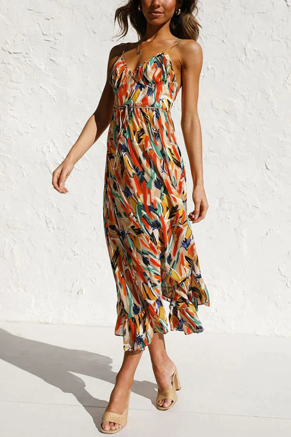 Women’s V-Neck Midi Dress with Floral Print & Thin Straps