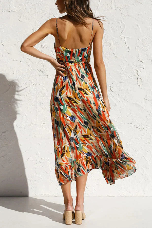 Women’s V-Neck Midi Dress with Floral Print & Thin Straps