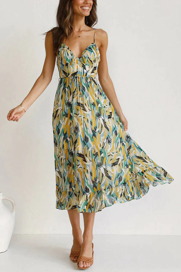 Women’s V-Neck Midi Dress with Floral Print & Thin Straps