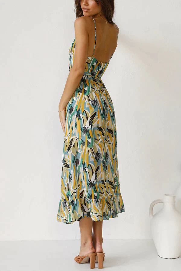 Women’s V-Neck Midi Dress with Floral Print & Thin Straps