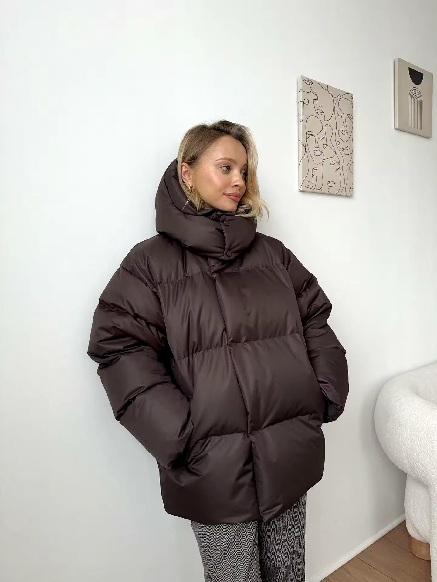 Women’s V-Neck Puffer Jacket with Detachable Hood