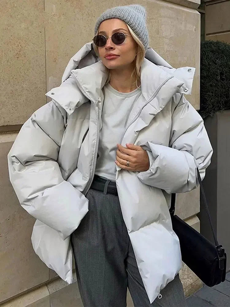 Women’s V-Neck Puffer Jacket with Detachable Hood