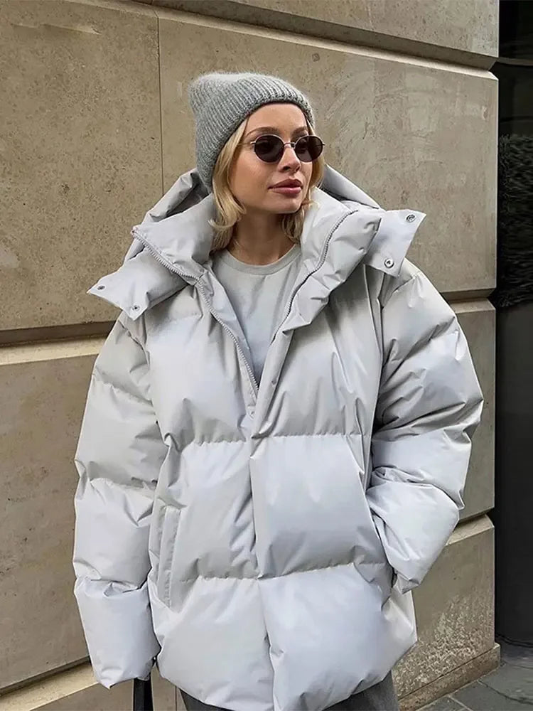Women’s V-Neck Puffer Jacket with Detachable Hood