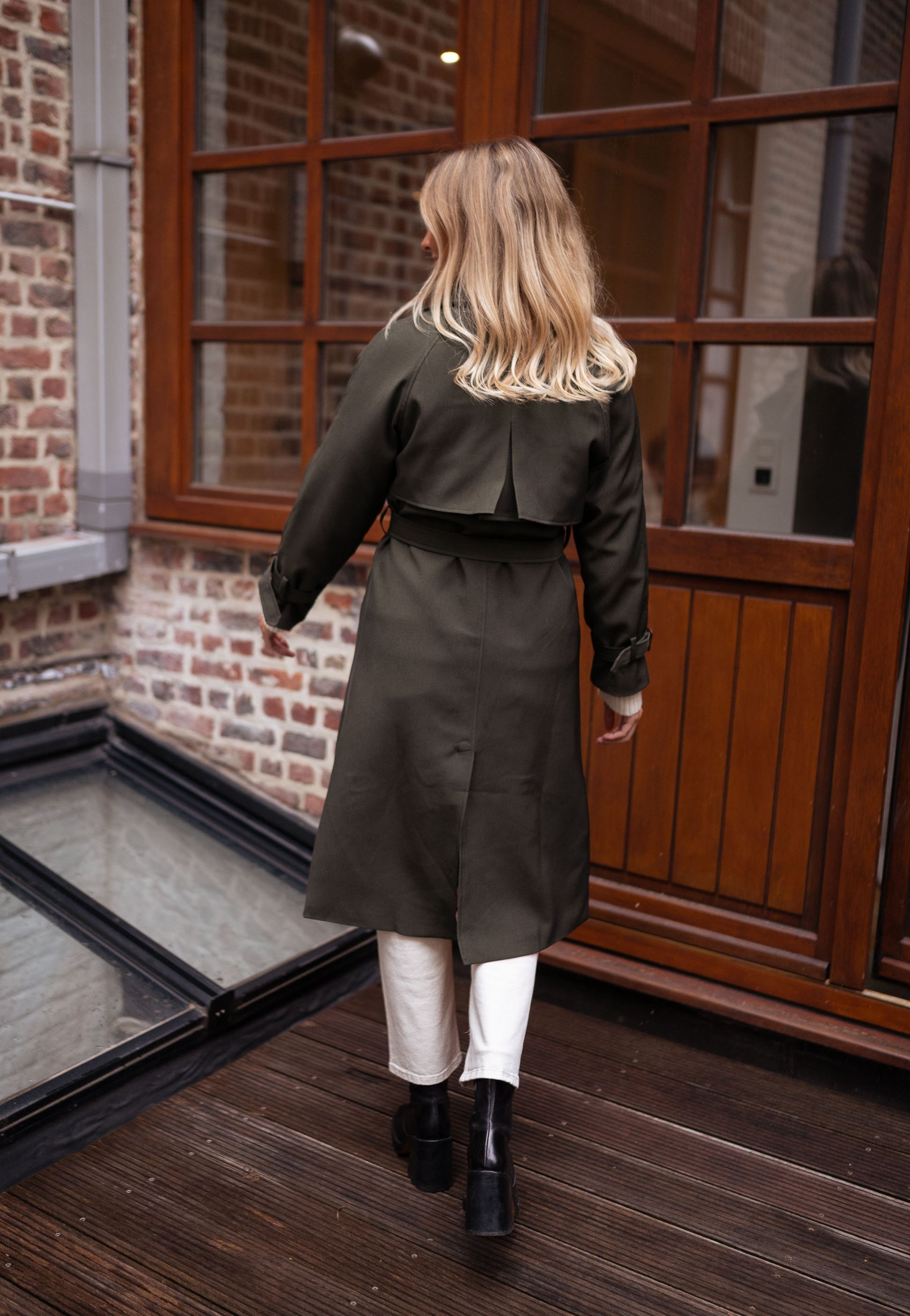 Women’s Long Trench Coat with Belt and Lapel Collar