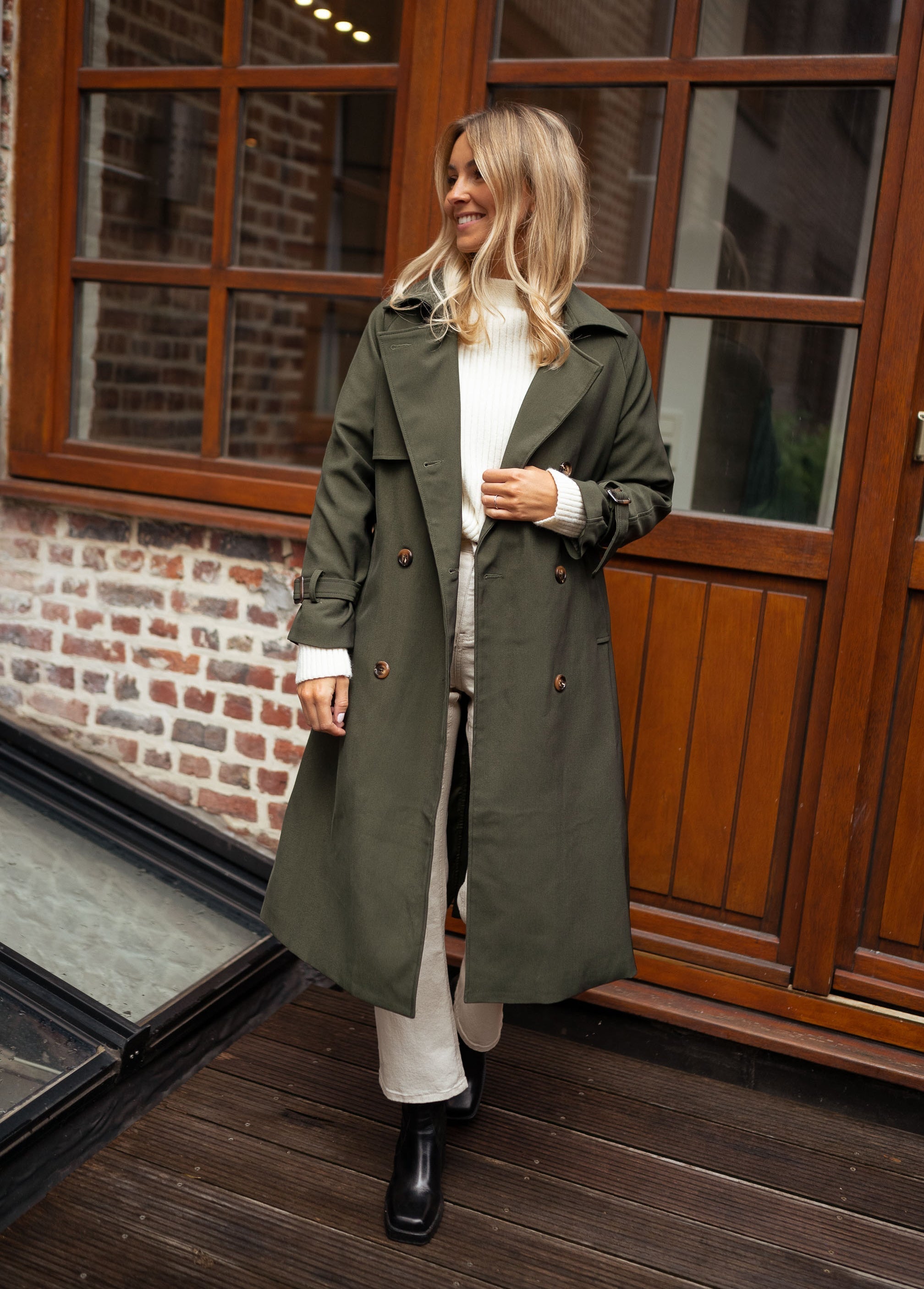 Women’s Long Trench Coat with Belt and Lapel Collar