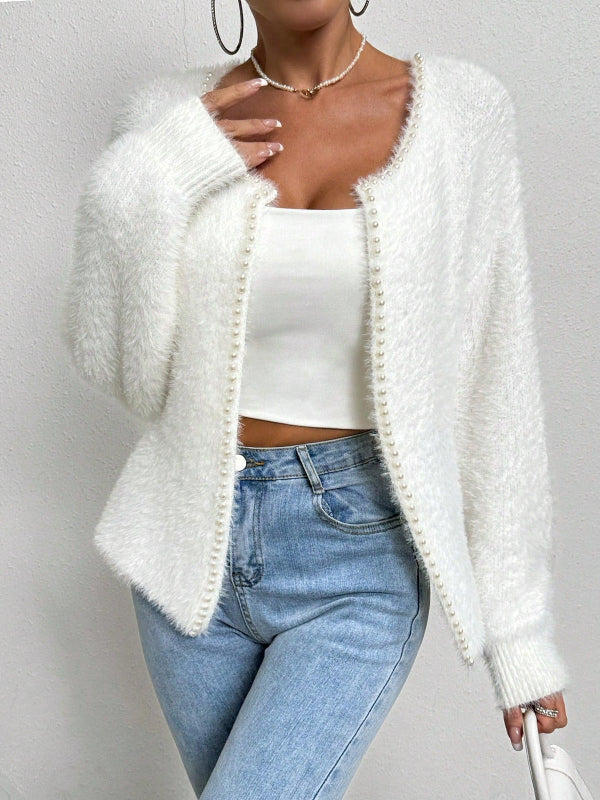 Women’s Pearl Trim Cardigan with V-Neck and Hip-Length Cut