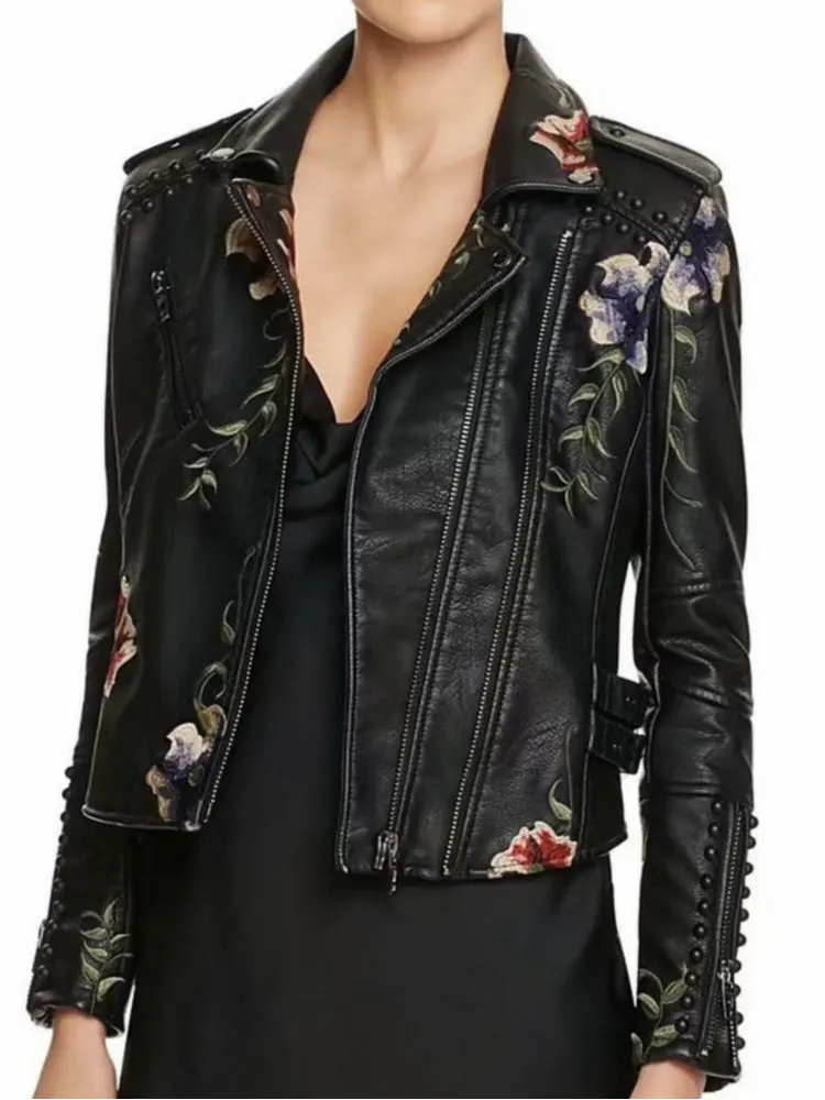 Melanie - Synthetic leather jacket with floral print and embroidery