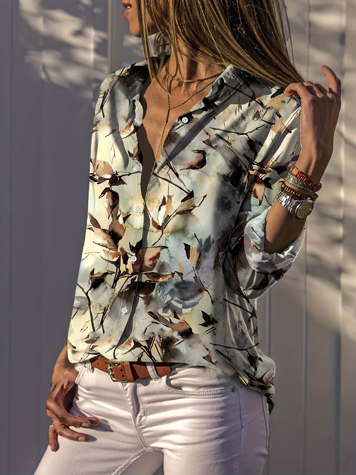 Leaf print shirt with button placket – casual long-sleeved shirt