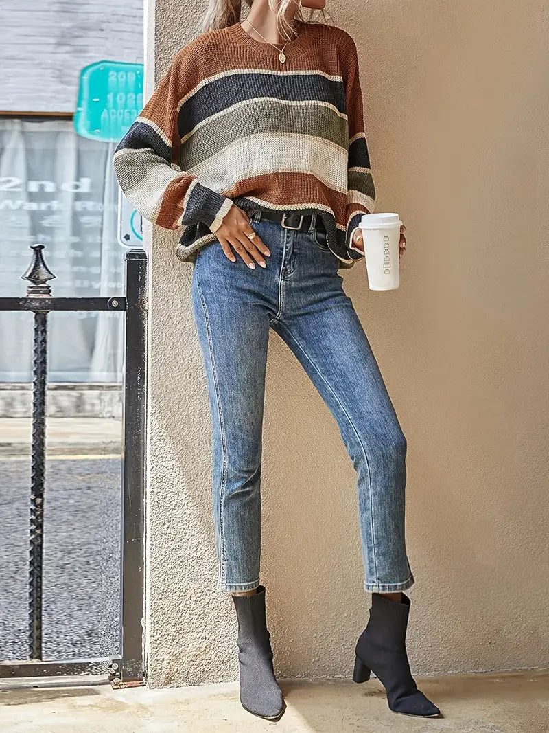 Camill - Women's knitted sweater with coffee stripes