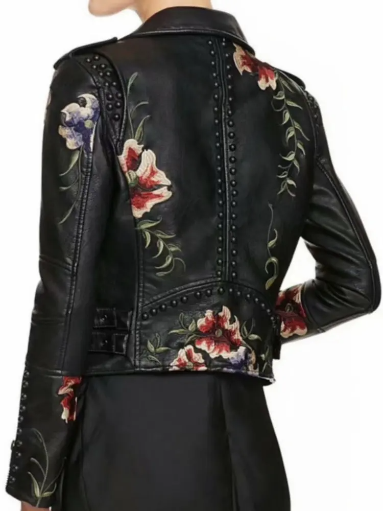 Melanie - Synthetic leather jacket with floral print and embroidery