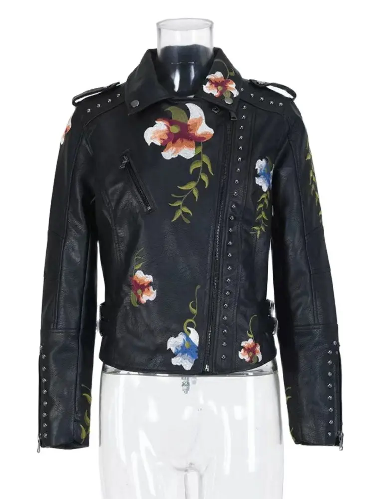 Melanie - Synthetic leather jacket with floral print and embroidery