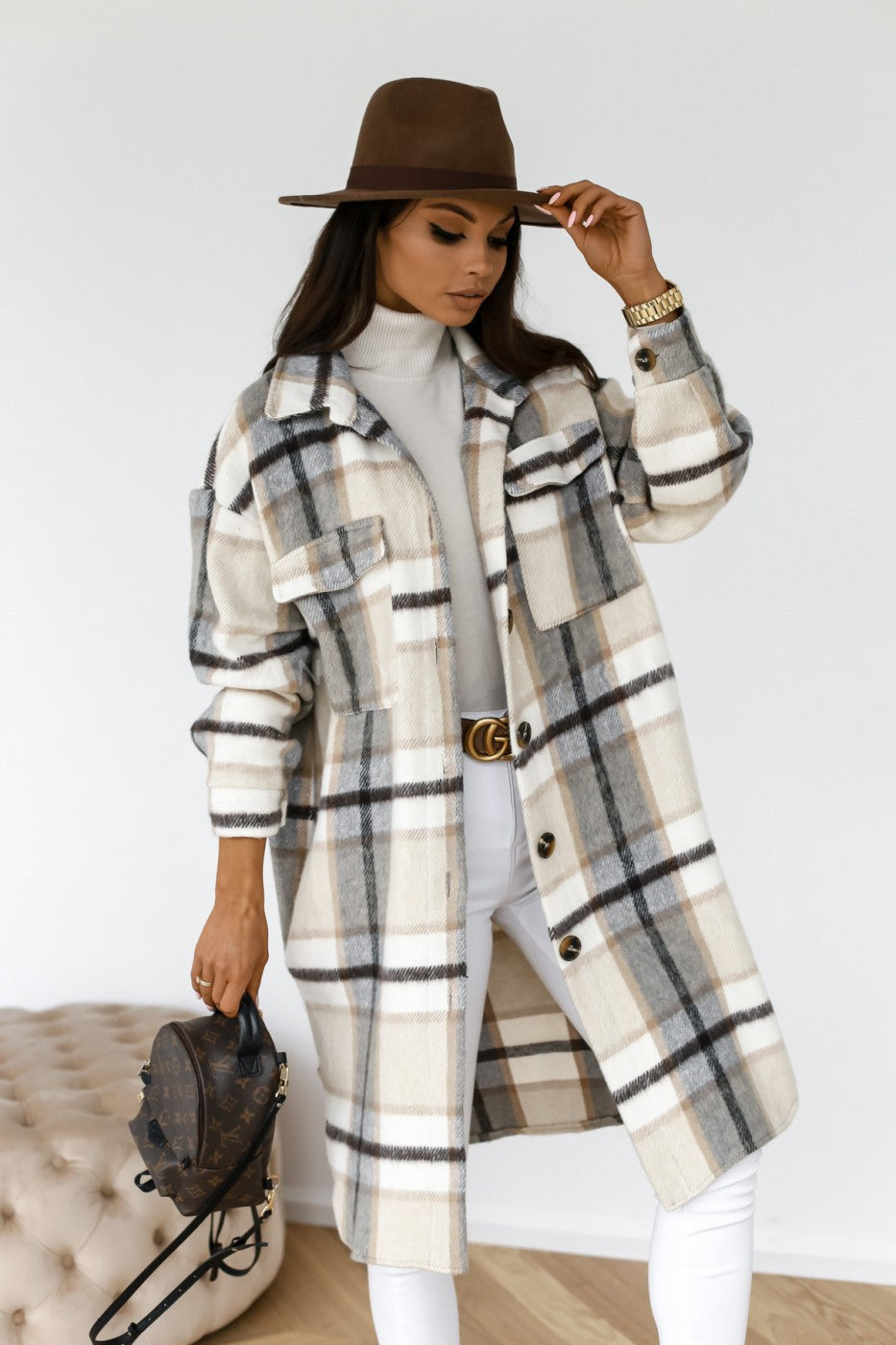 Holly™ - Elegant in a plaid long wool coat