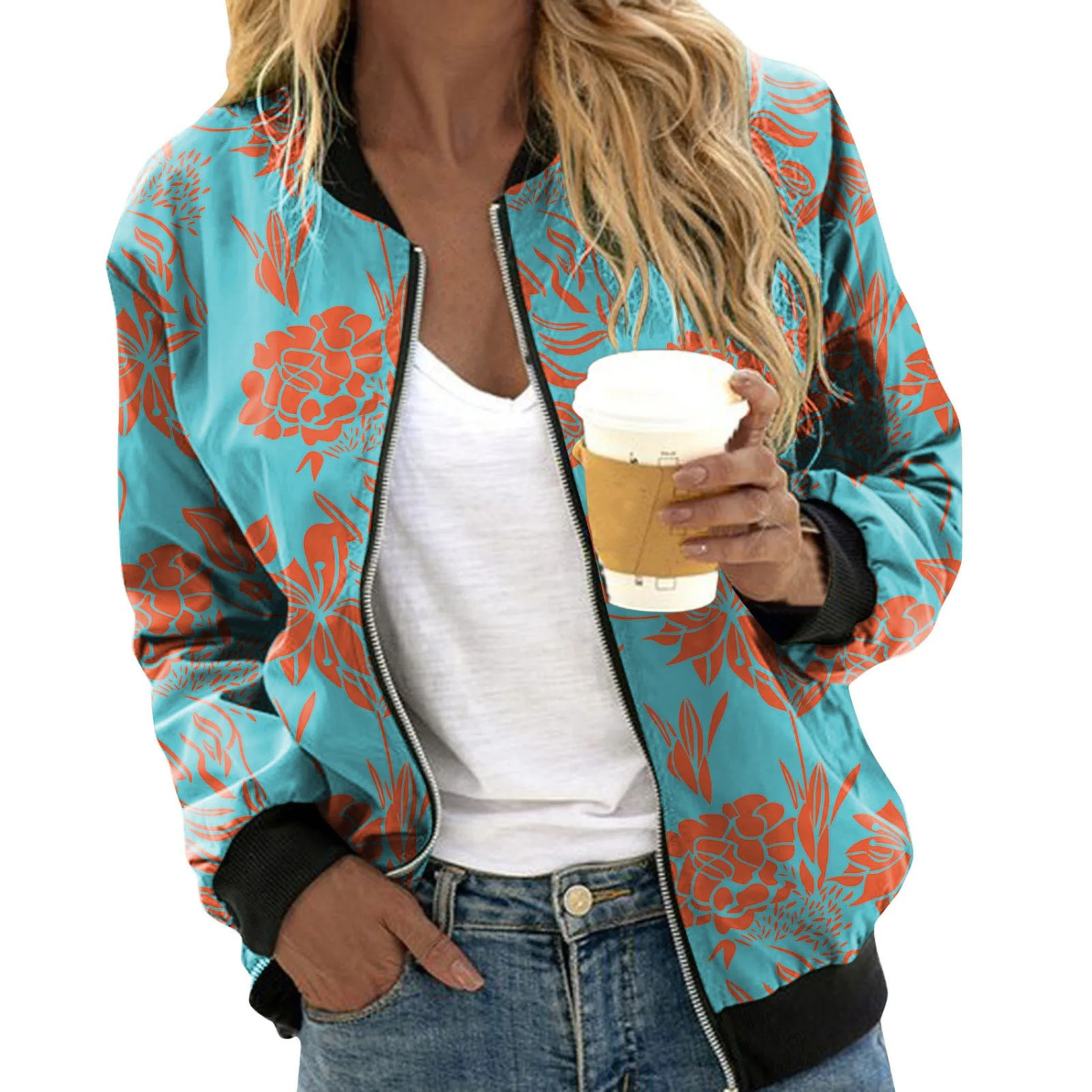 Mae - Women's Summer Jacket with Floral Pattern and High Collar