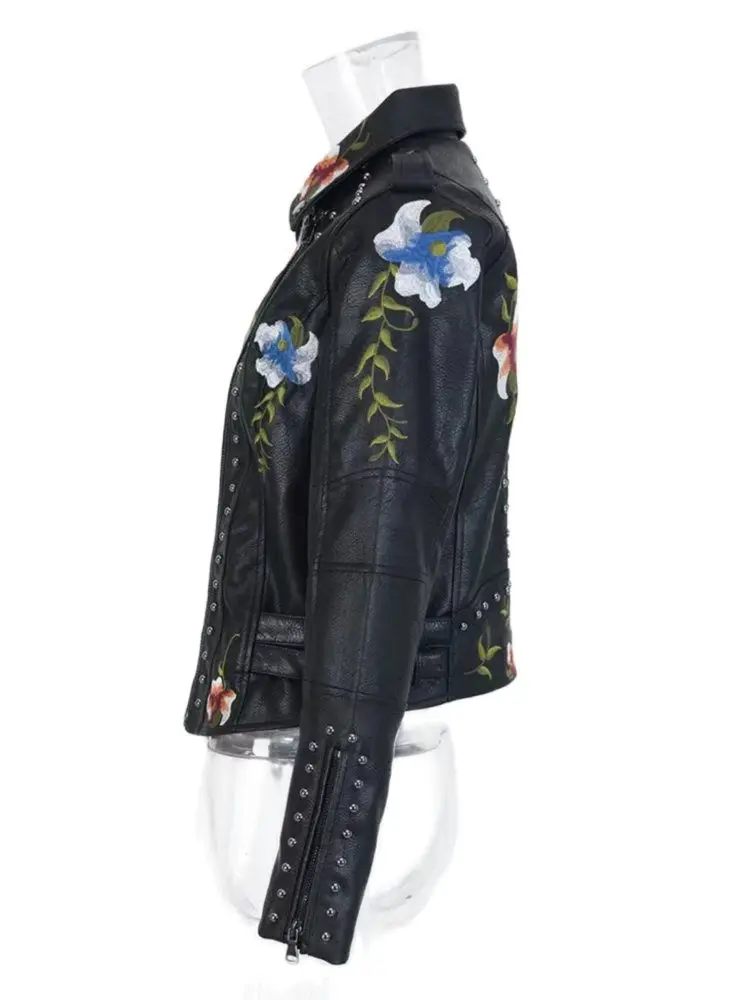 Melanie - Synthetic leather jacket with floral print and embroidery