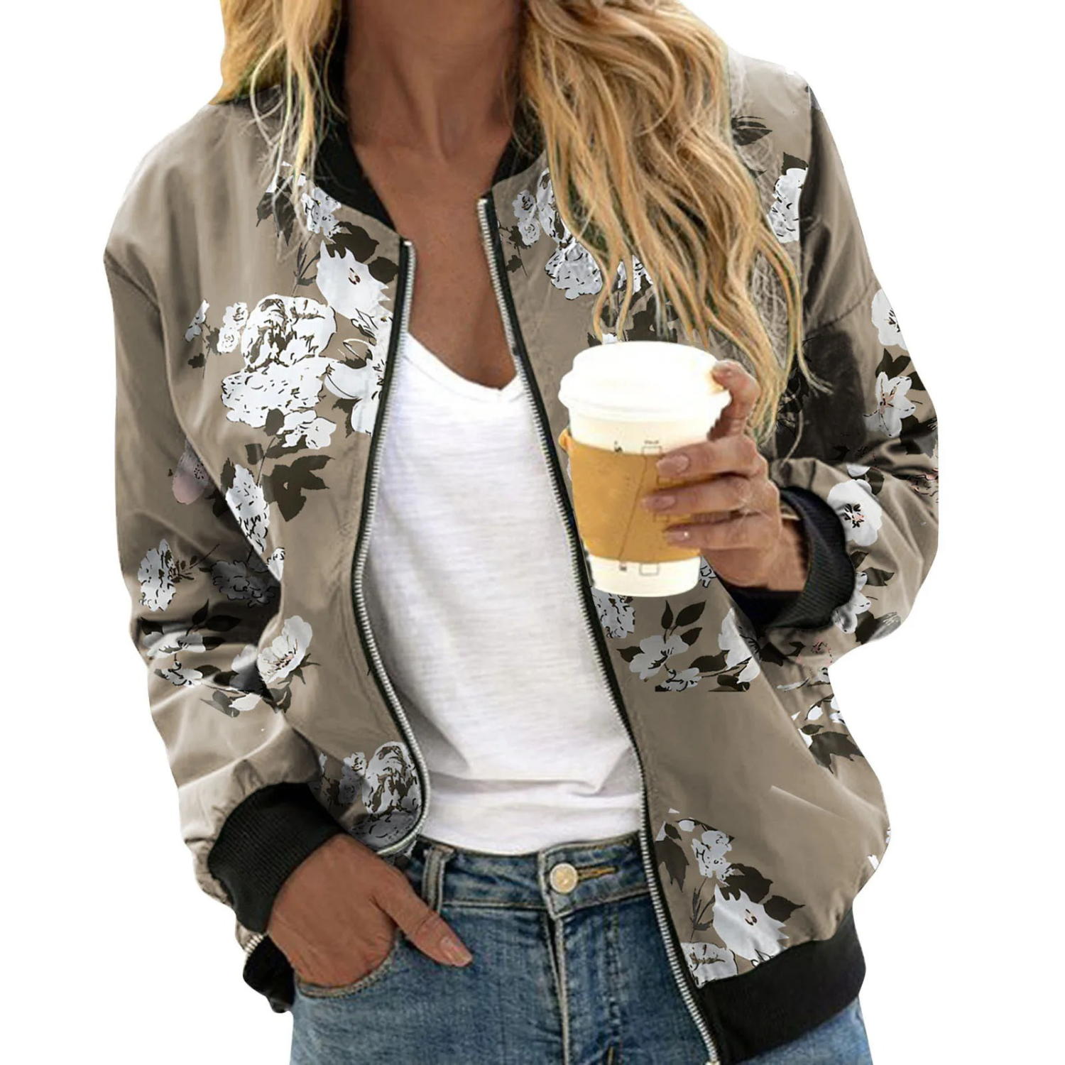 Mae - Women's Summer Jacket with Floral Pattern and High Collar