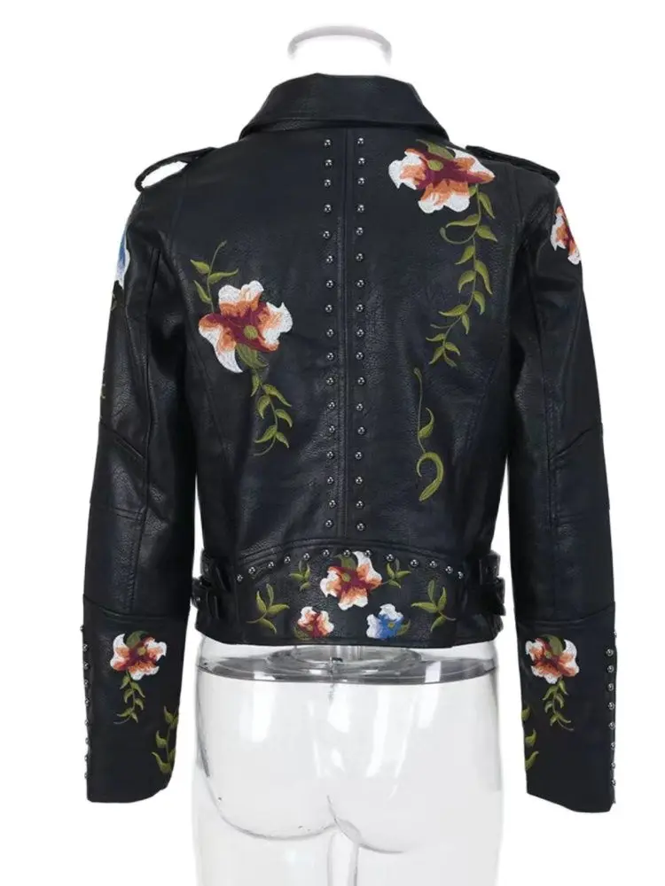 Melanie - Synthetic leather jacket with floral print and embroidery