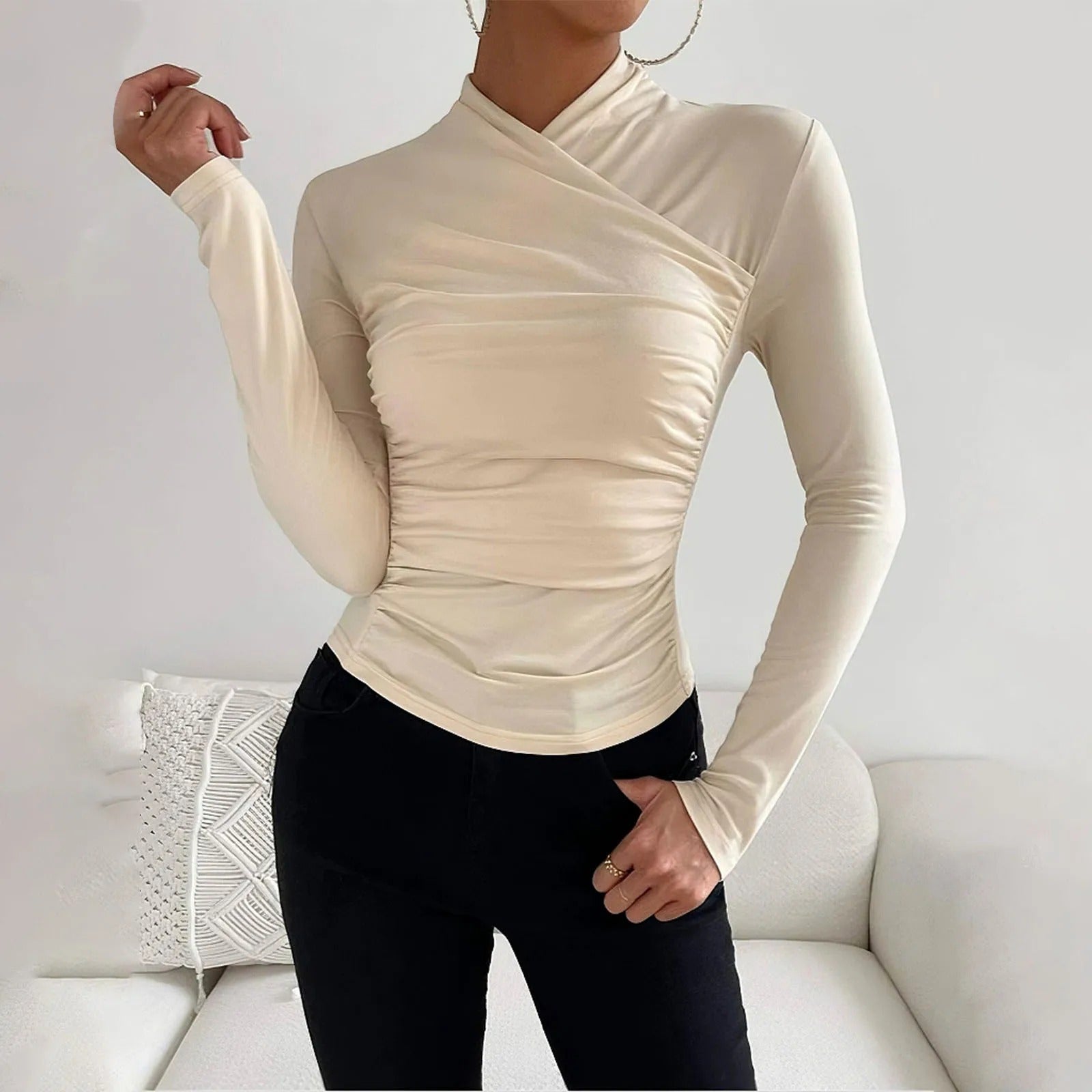 Elegant Ruched Wrap Tight Long Sleeve for Women