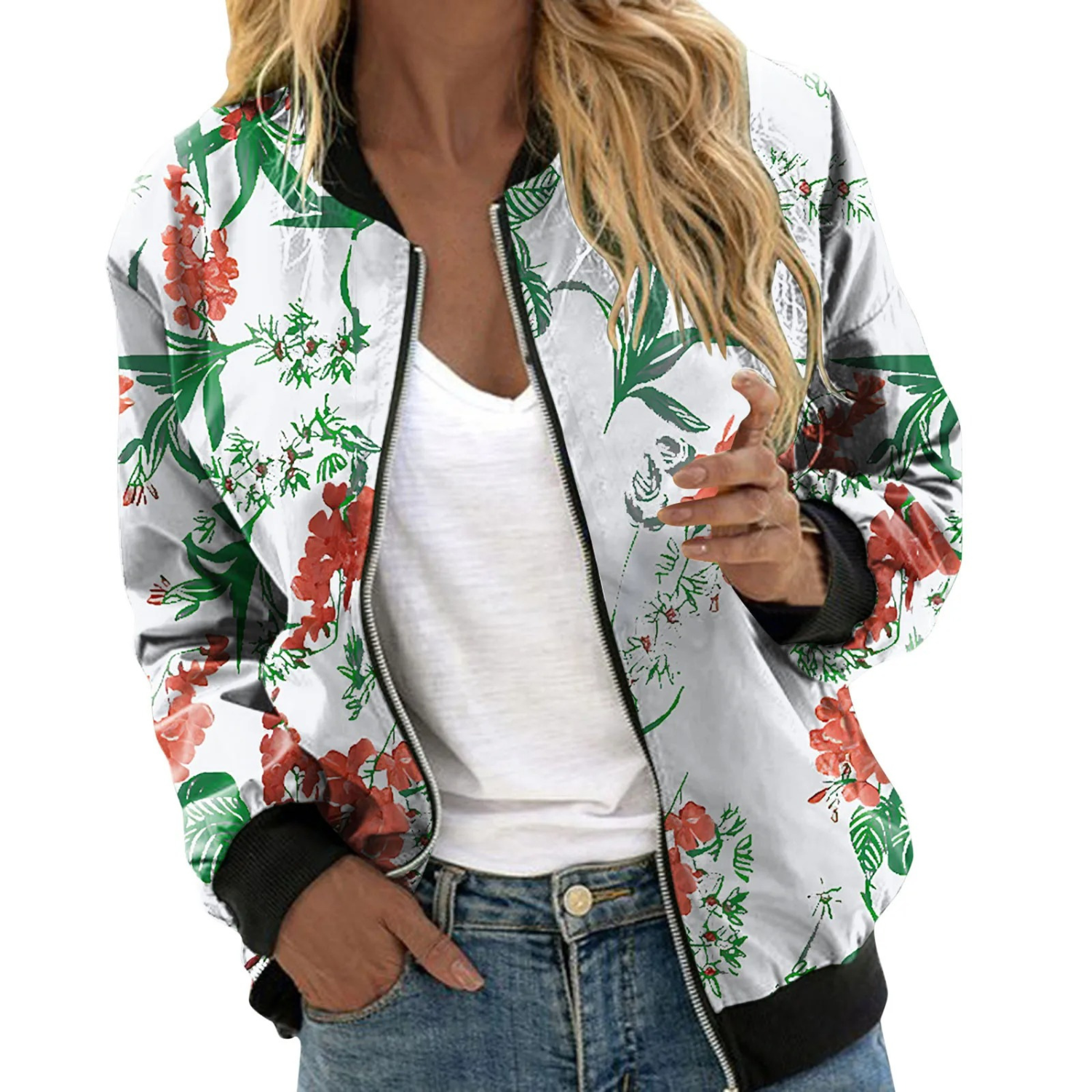 Mae - Women's Summer Jacket with Floral Pattern and High Collar