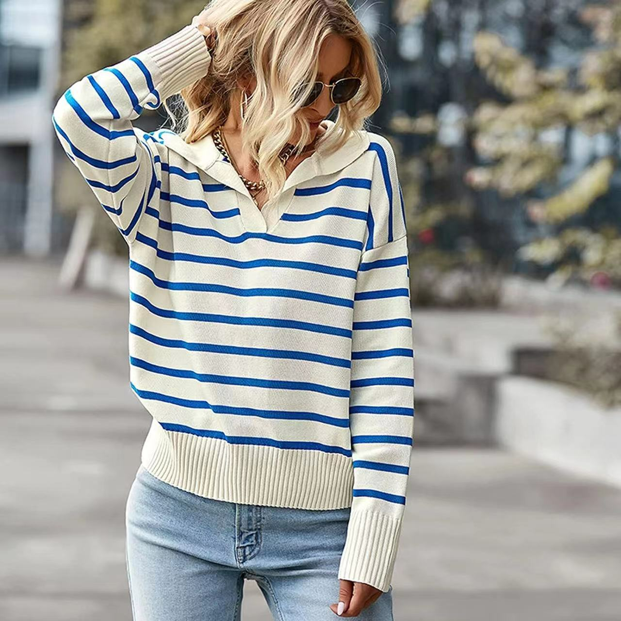 Kiera - Casual striped blouse with wide collar