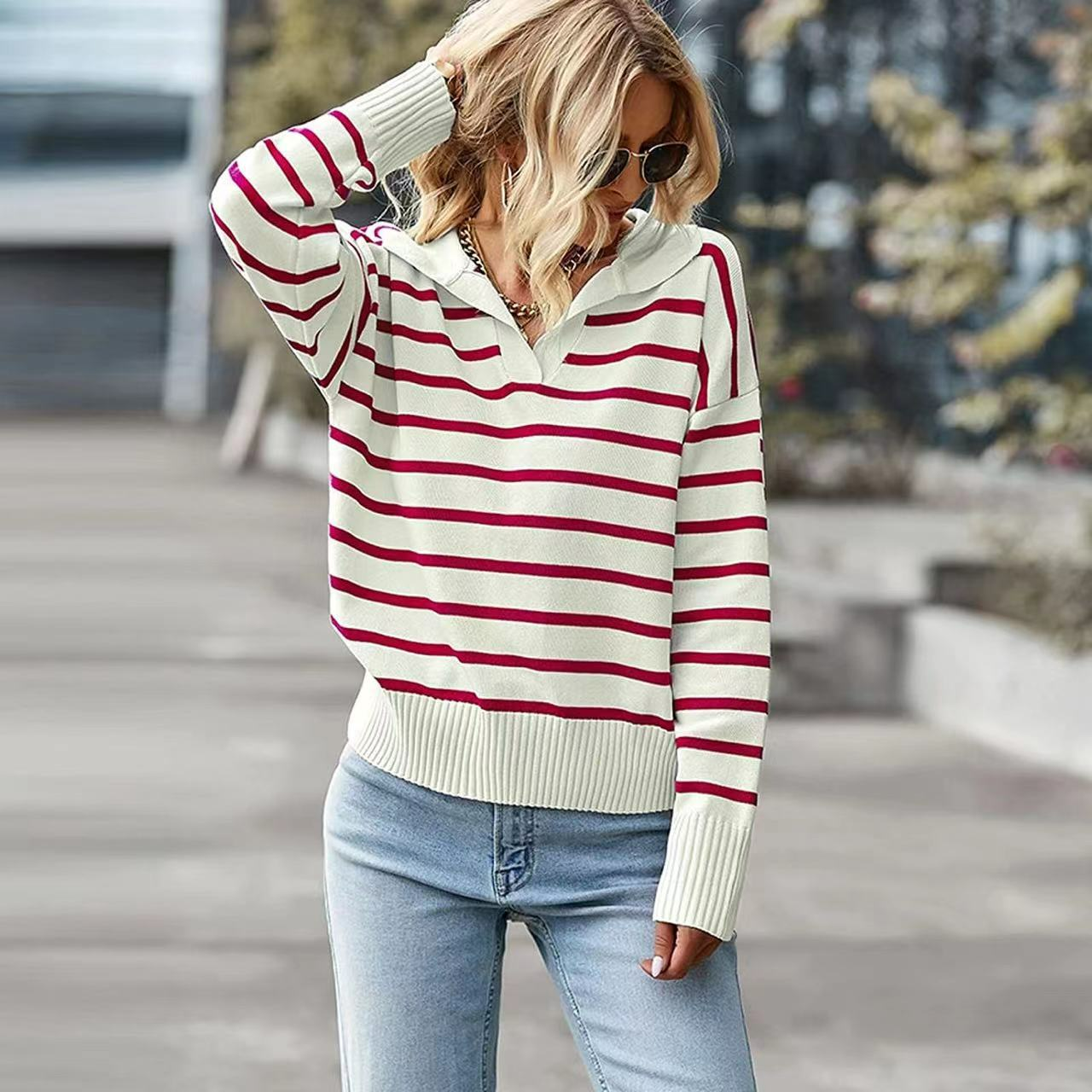 Kiera - Casual striped blouse with wide collar