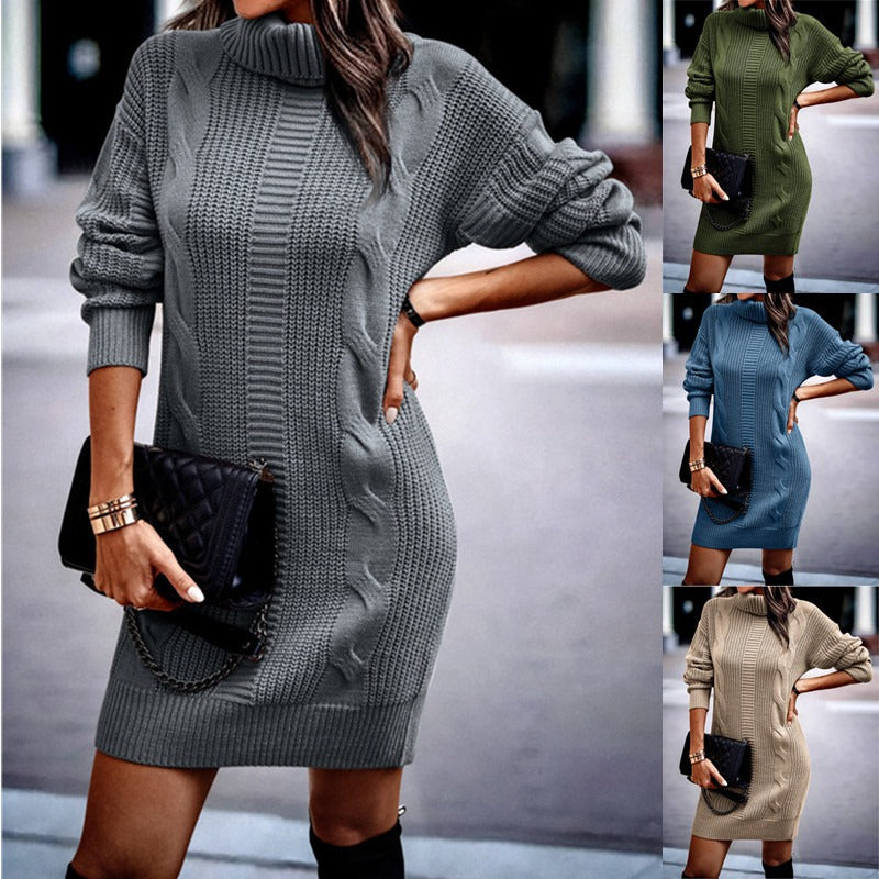 Carreen - Women's long-sleeved knitted dress with high collar