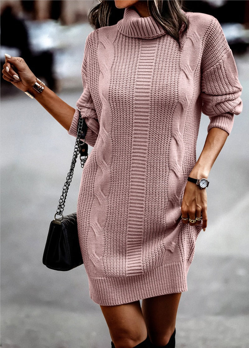 Carreen - Women's long-sleeved knitted dress with high collar