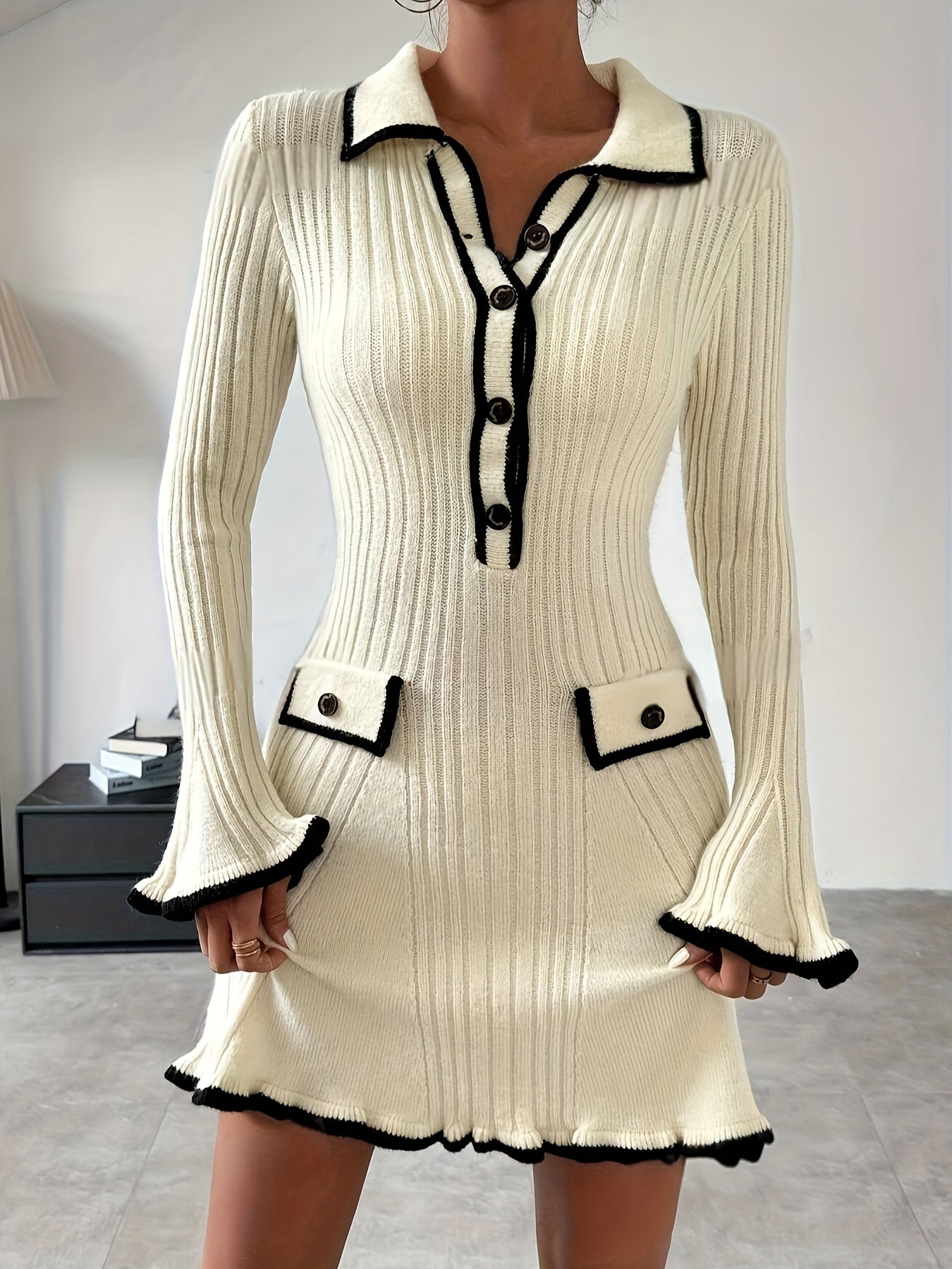 Knitted dress with frills and contrast edges for women