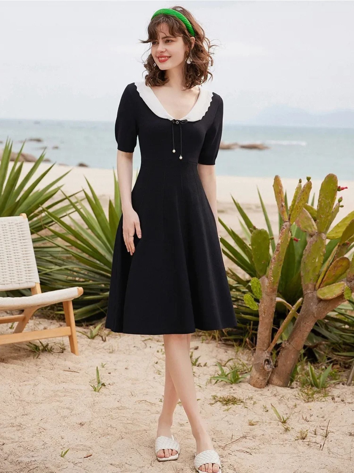 Women’s A-Line Dress with Peter Pan Collar & Puff Sleeves