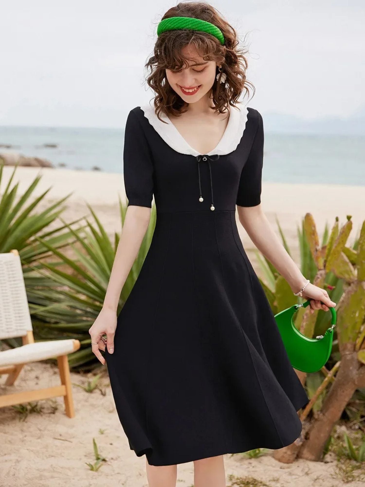 Women’s A-Line Dress with Peter Pan Collar & Puff Sleeves
