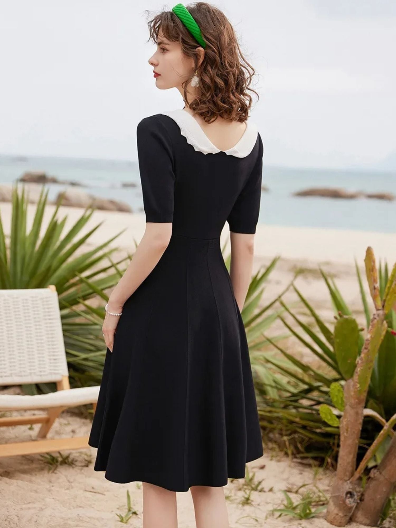 Women’s A-Line Dress with Peter Pan Collar & Puff Sleeves