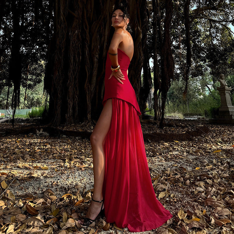 Asymmetrical Maxi Dress with Sheer Skirting Detachable Tie