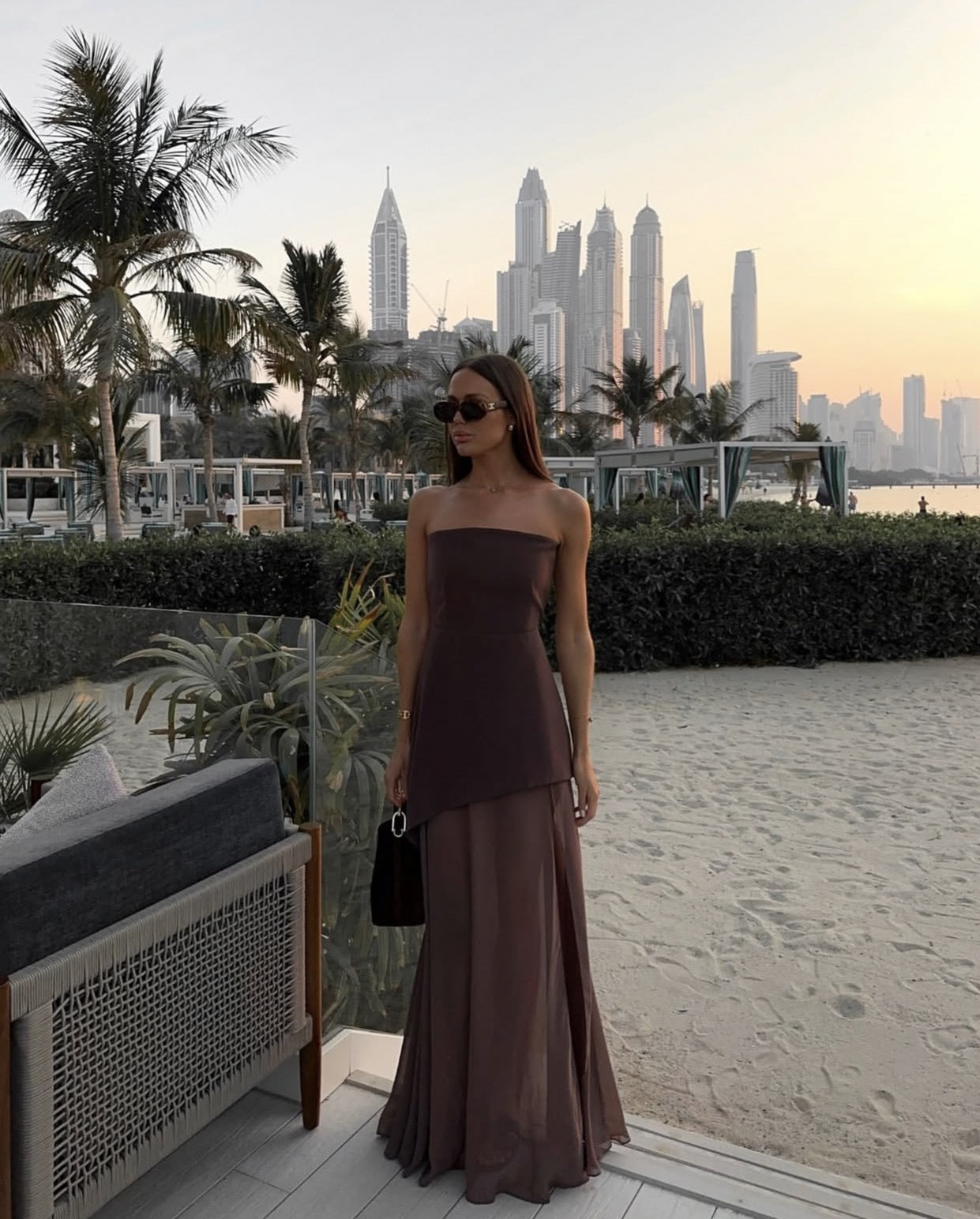 Asymmetrical Maxi Dress with Sheer Skirting Detachable Tie