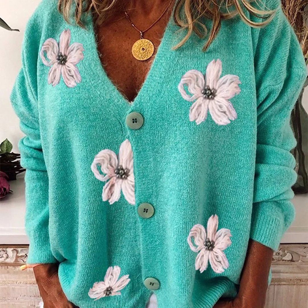 Faye - Pretty V neck cardigan with flowers for women