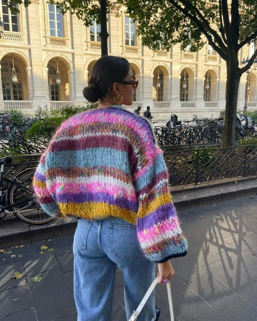 Knitted short cardigan with puff sleeves for women
