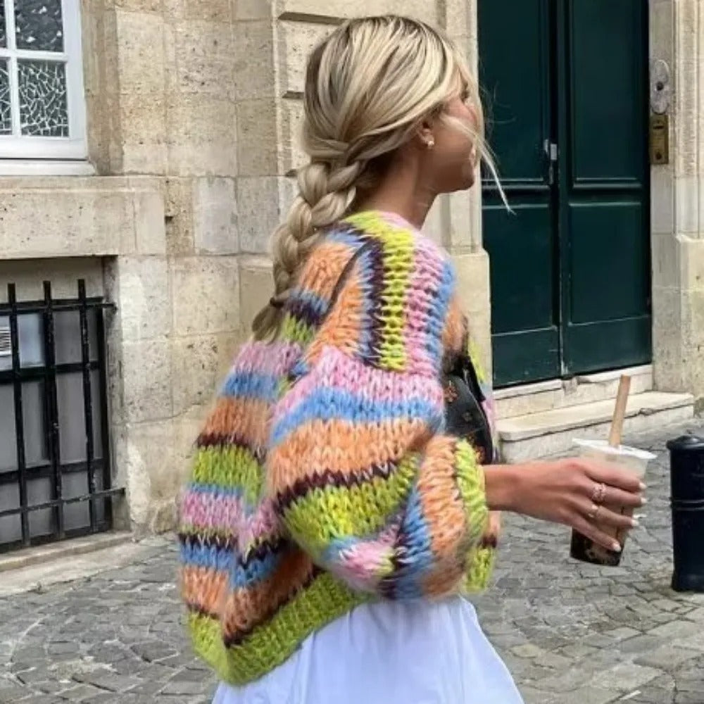 Knitted short cardigan with puff sleeves for women