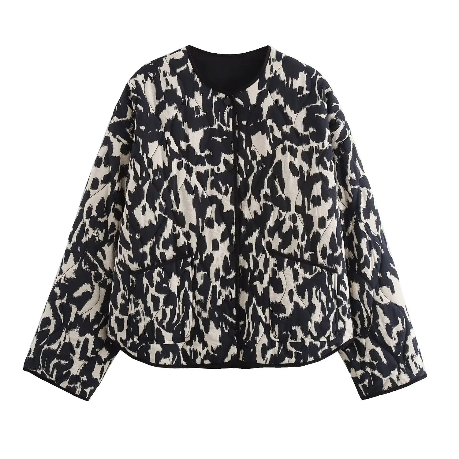 Quilted Jacket with Round Neck and Black-and-White Abstract Print