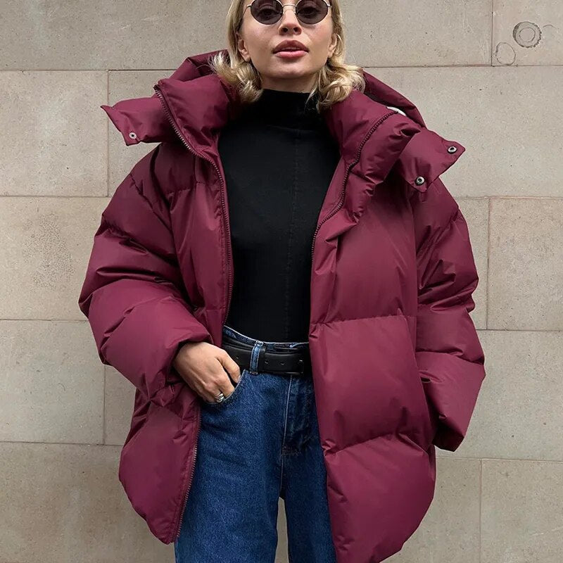 Women’s Winter Oversized Jacket With Hood And Long Sleeves