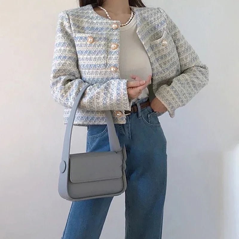 Short Jacket with Round Neck and Gold Buttons