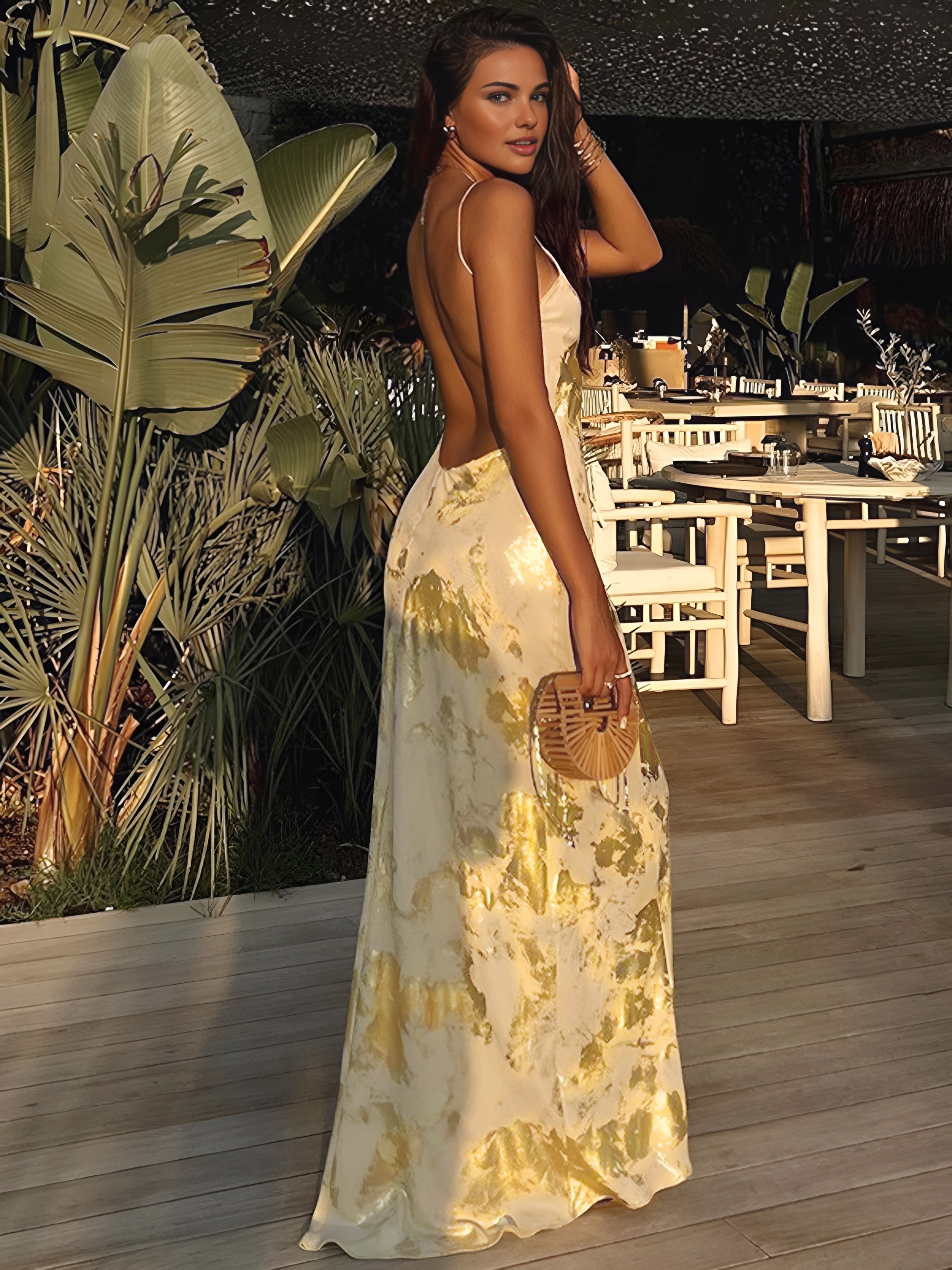 Women’s V-Neck Maxi Dress with Backless Detail & Adjustable Straps