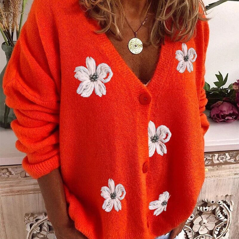 Faye - Pretty V neck cardigan with flowers for women