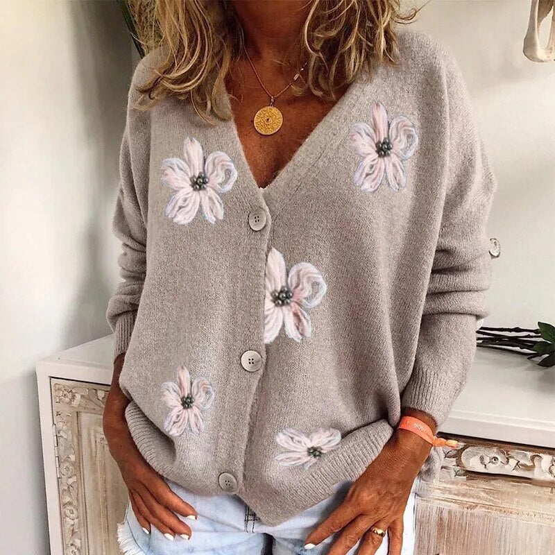 Faye - Pretty V neck cardigan with flowers for women