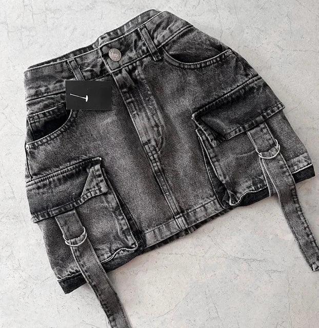 Women's A Line Denim Mini Skirt with Multi Pocket Design - Isabella